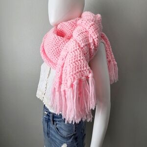 Handmade Soft & Plush Pink Blanket Scarf With Fringe Tassel Trim